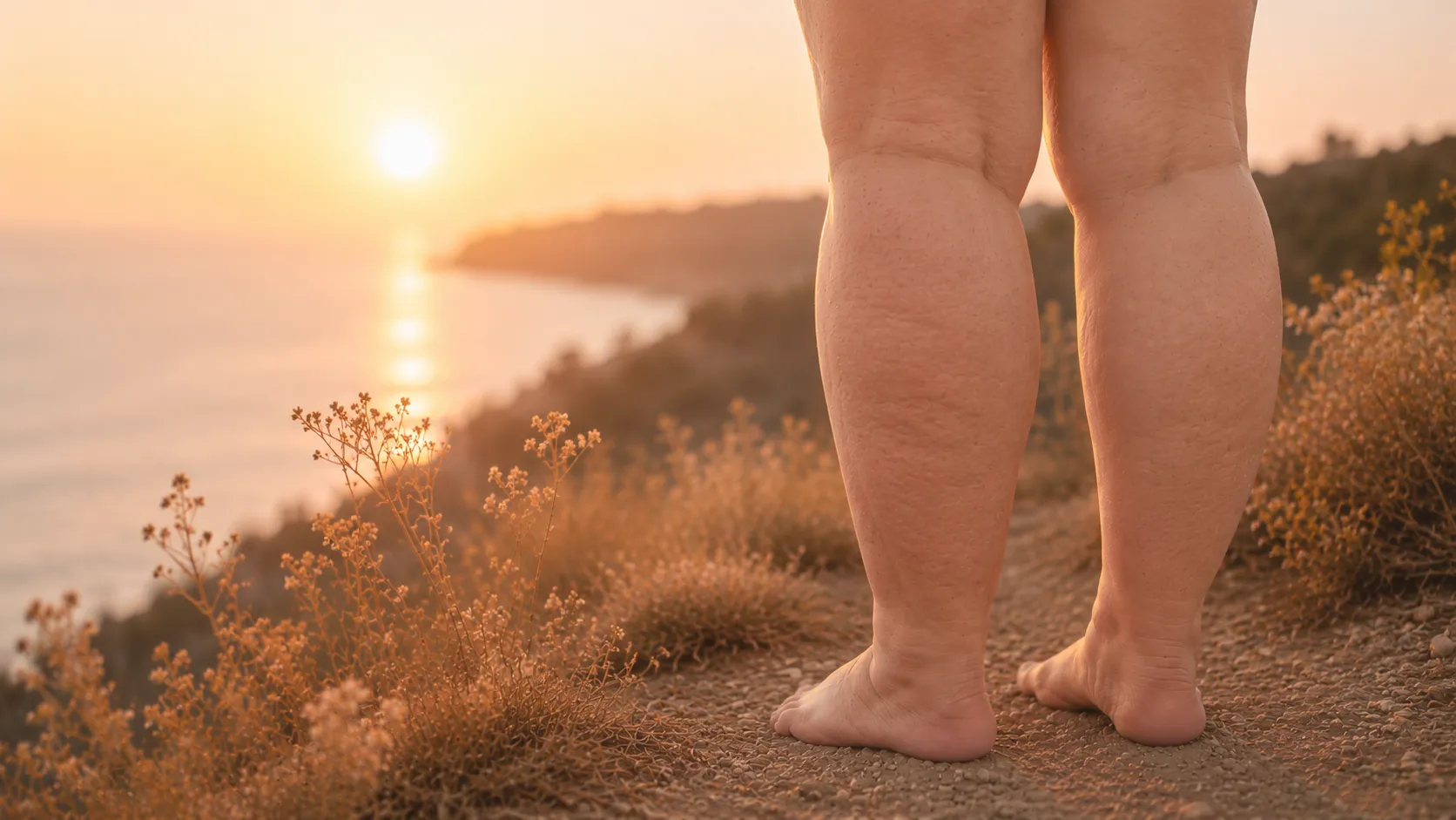 jambes atteintes de lipoedeme devant un coucher de soleil 